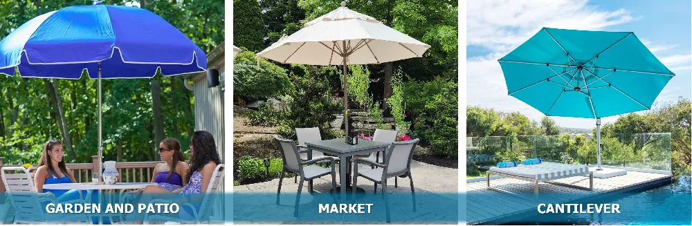 Comparison of garden patio umbrella, market umbrella, and cantilever umbrella styles for different outdoor applications